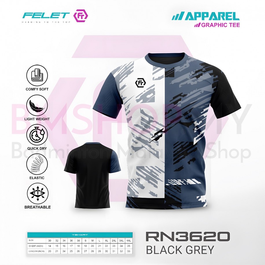 FELET Shirt RN3620 - Dry Fit Sportwear T-Shirt (Black Grey)