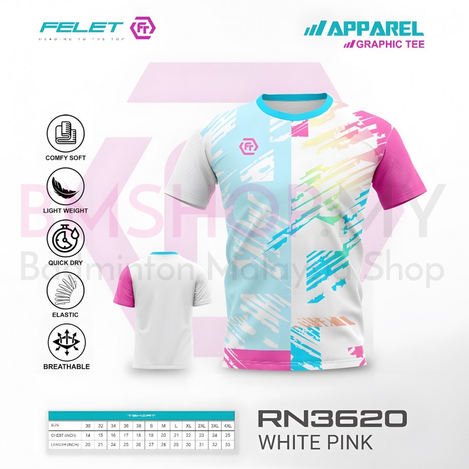 FELET Shirt RN3620 - Dry Fit Sportwear T-Shirt (White Pink)