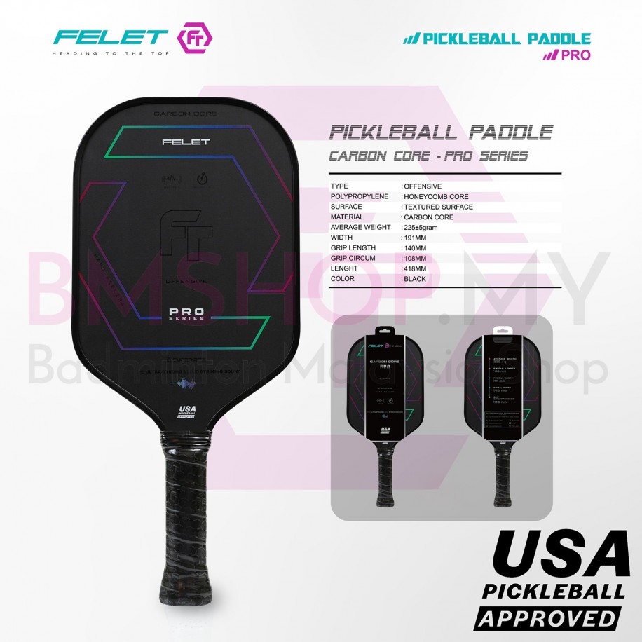 FELET Pickleball Paddle Carbon Core Pro Series (USA Pickleball Approved) - Black Color