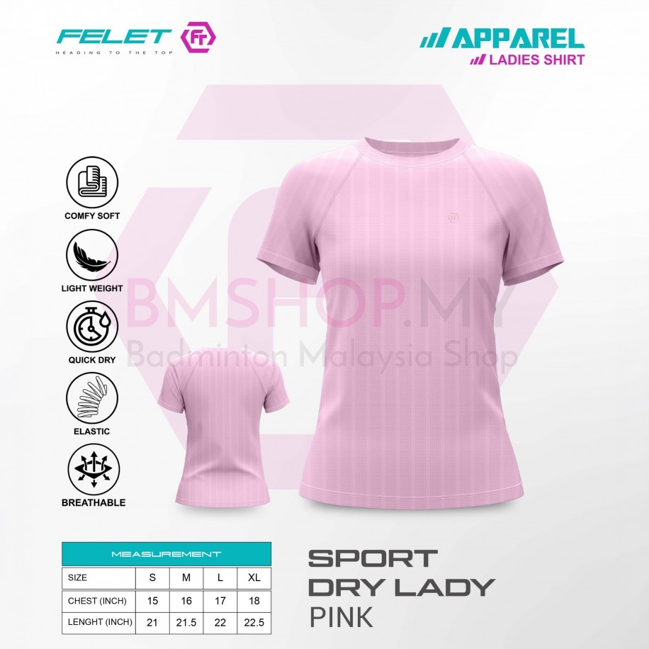 FELET Shirt Lady Sports Dry Fit Quick Dry Women Badminton Shirt Breathable Gym Running Fitness Activewear-Pink