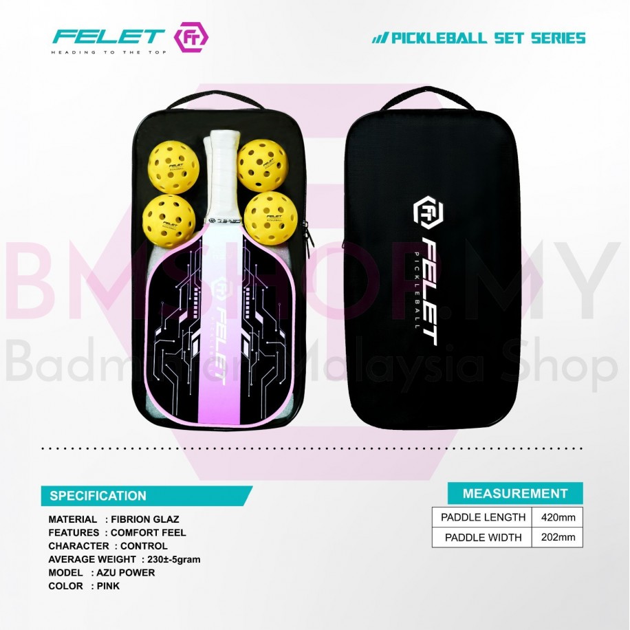 FELET Pickleball Azu Power Paddle Set (Free cover+4 pickleball+ 2 paddle) Pink