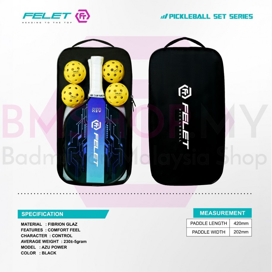 FELET Pickleball Azu Power Paddle Set (Free cover+4 pickleball+ 2 paddle) Black