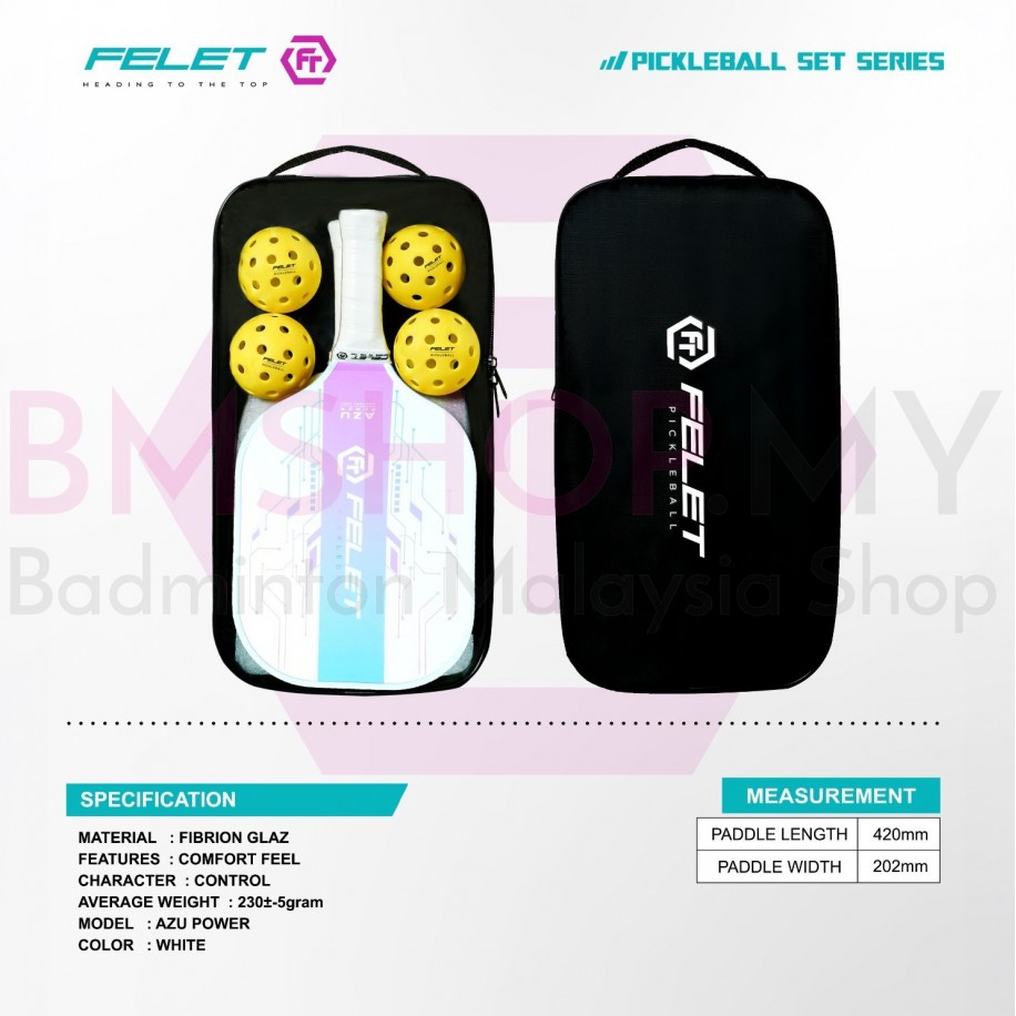 FELET Pickleball Azu Power Paddle Set (Free cover+4 pickleball+ 2 paddle) White