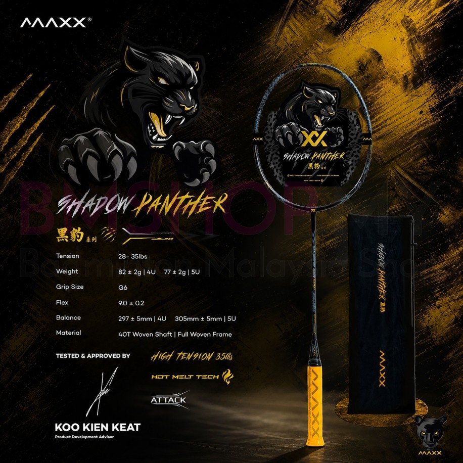 MAXX Racket Shadow Panther (Hot Melt Tech & Maximum Tension 35lbs, Free Bag Cover, Free Stringing Service & AC102 Grip)