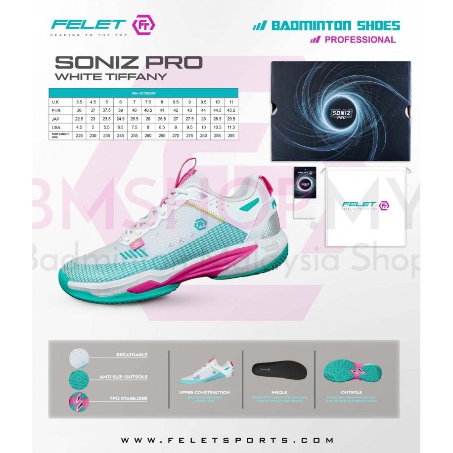 Felet Badminton Shoes Soniz Pro- White Tiffany