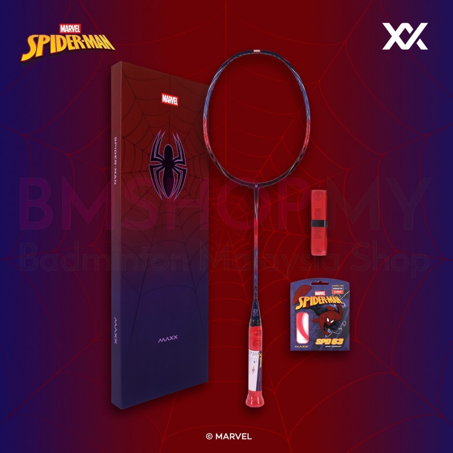 MAXX Spiderman Badminton Racket- Red-Blue (Spiderman Ed. Box, Spiderman Grip, SPD 63 String, Free Stringing Service)