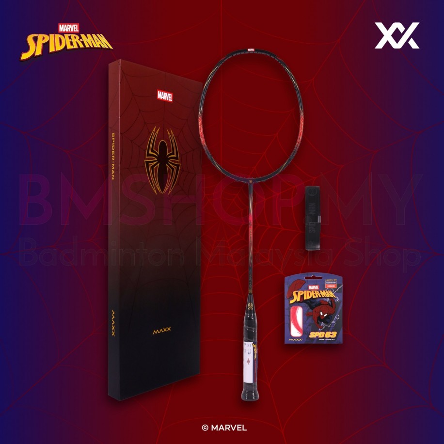MAXX Spiderman Badminton Racket- Red-Black (Spiderman Ed. Box, Spiderman Grip, SPD 63 String, Free Stringing Service)