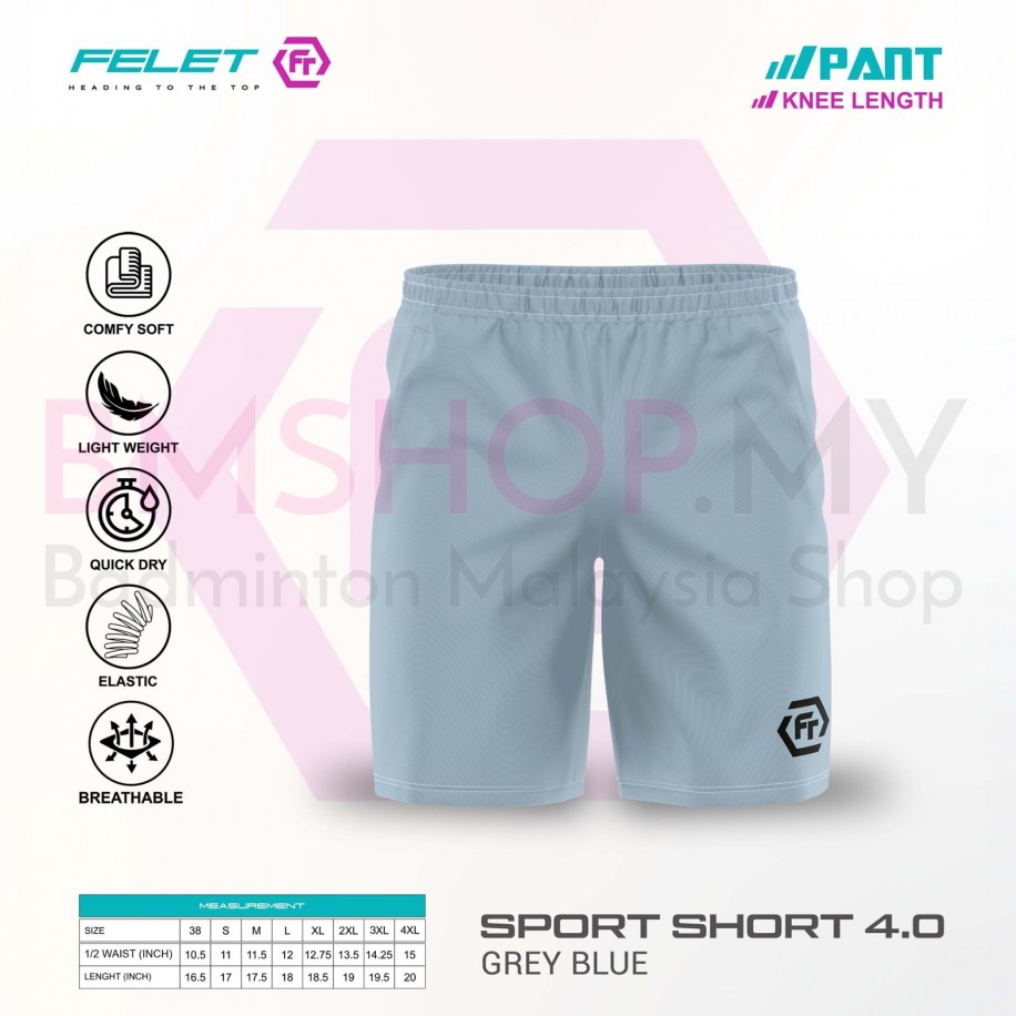 FELET Pant Sport Short 4.0 Badminton Pant- Grey Blue