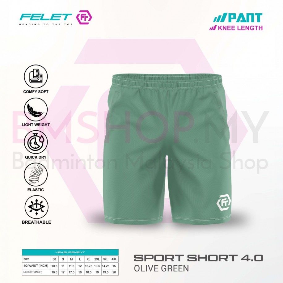 FELET Pant Sport Short 4.0 Badminton Pant- Olive Green